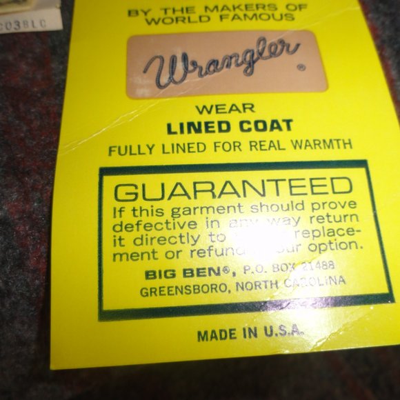 Dead StocK Wrangler Coat Blanket Lining NEW 60's NOS Big Ben Workwear - Picture 3 of 10